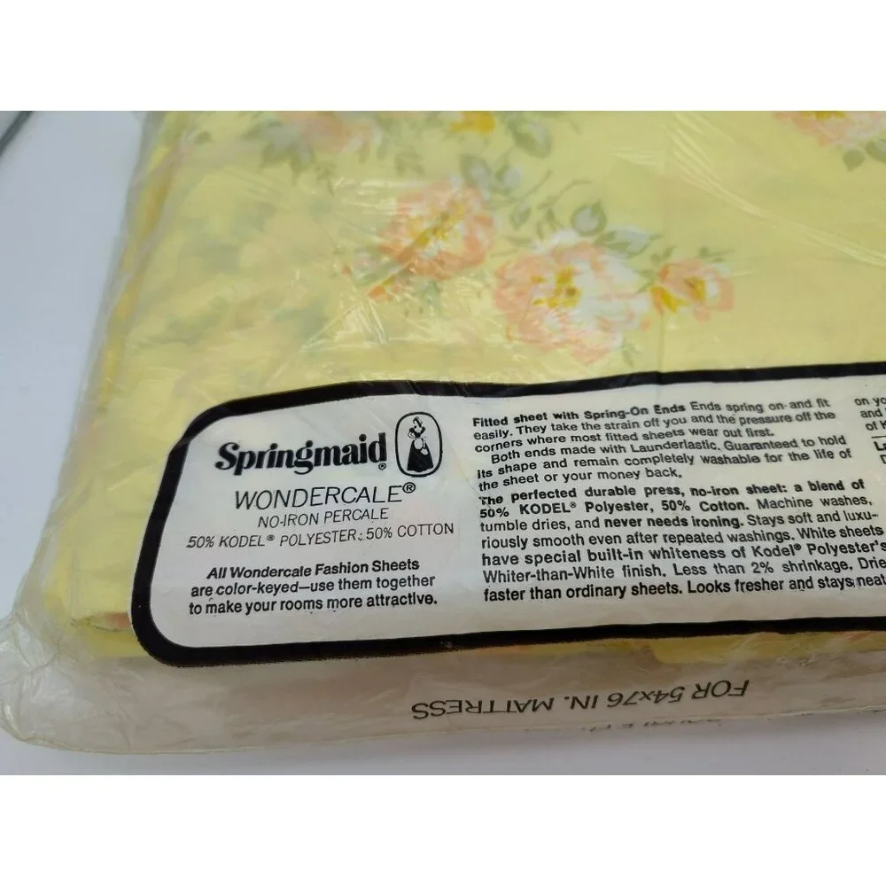 Vintage Springmaid Double Fitted Sheet, Yellow w Pink Regal Rose, Percale, USA